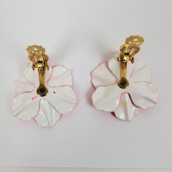 Vtg Neon Pink Black Enamel Flower Floral Chunky Big Clip On Gold Tone Earrings - Picture 4 of 6